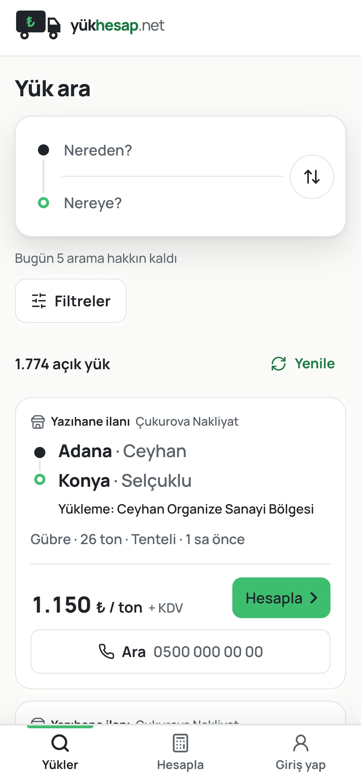Yükhesap yük listesi: “Yazıhane ilanı” işaretli kartlar, yazıhanenin adı, yükleme yeri, fiyat ve Ara düğmesi.